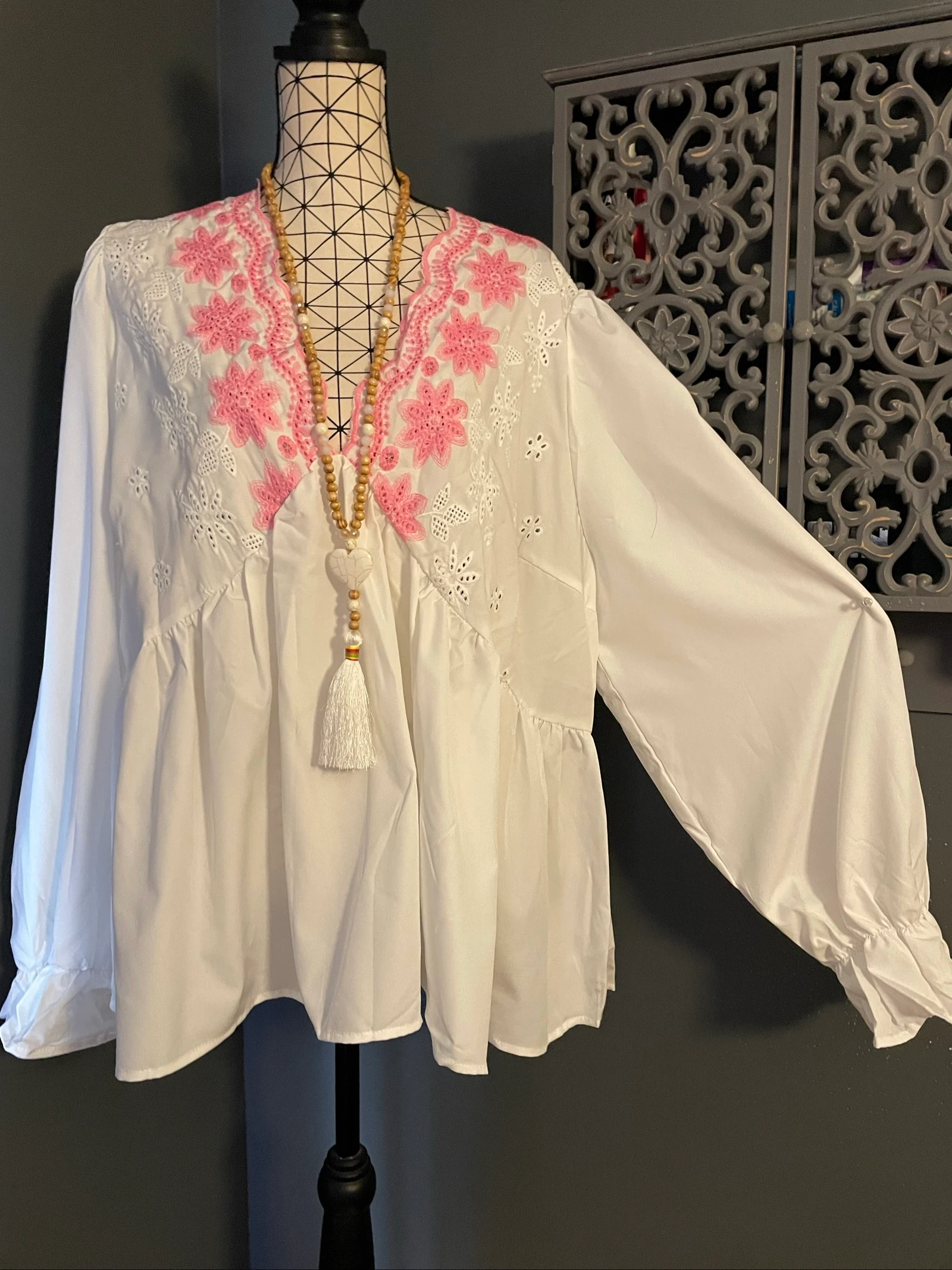 💖 blusa túnica branca bordada flores rosas boémia chic tamanho grande 54 💖 – photo 2